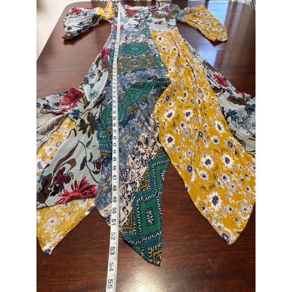 UMGEE Womens Patchwork Maxi Dress M Handkerchief Hem Indie Boho Bell Sleeve - Picture 5 of 8